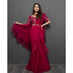 Ruffle layer party wear lehenga saree with stitched blouse